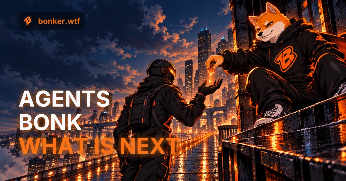 Bonker hands a glowing key to a synthetic agent on a rooftop at orange-blue twilight above an illuminated city