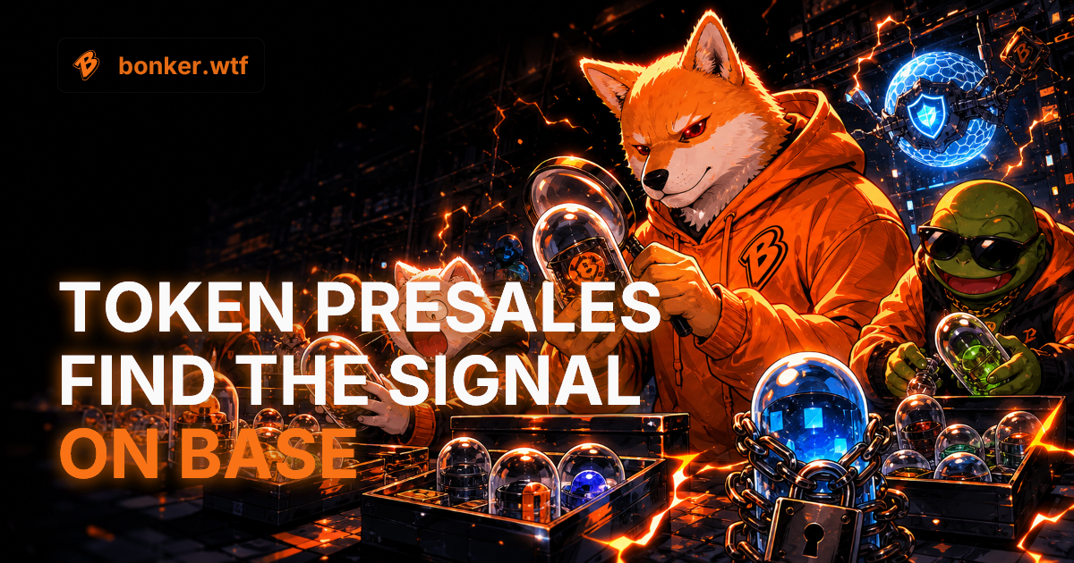 Bonker inspecting glowing token launch capsules in a crowded onchain market, with a locked liquidity capsule in the foreground