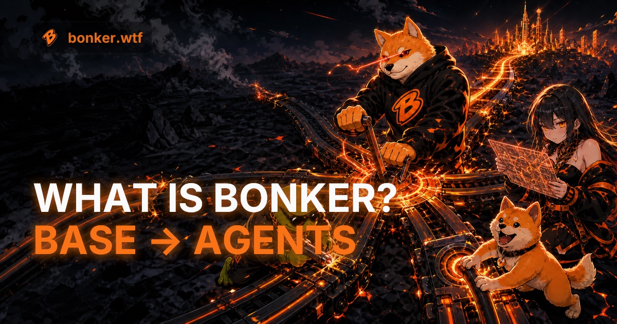 Bonker and its creator crew joining five launch modules into one glowing route toward an onchain city