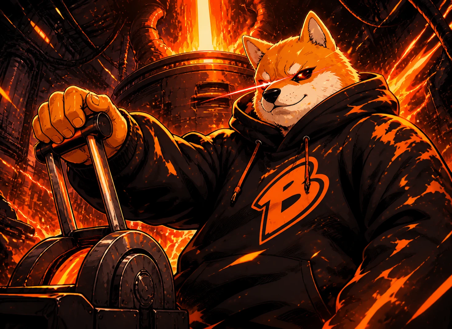 Bonker, an orange shiba in a black hoodie operating a launch lever
