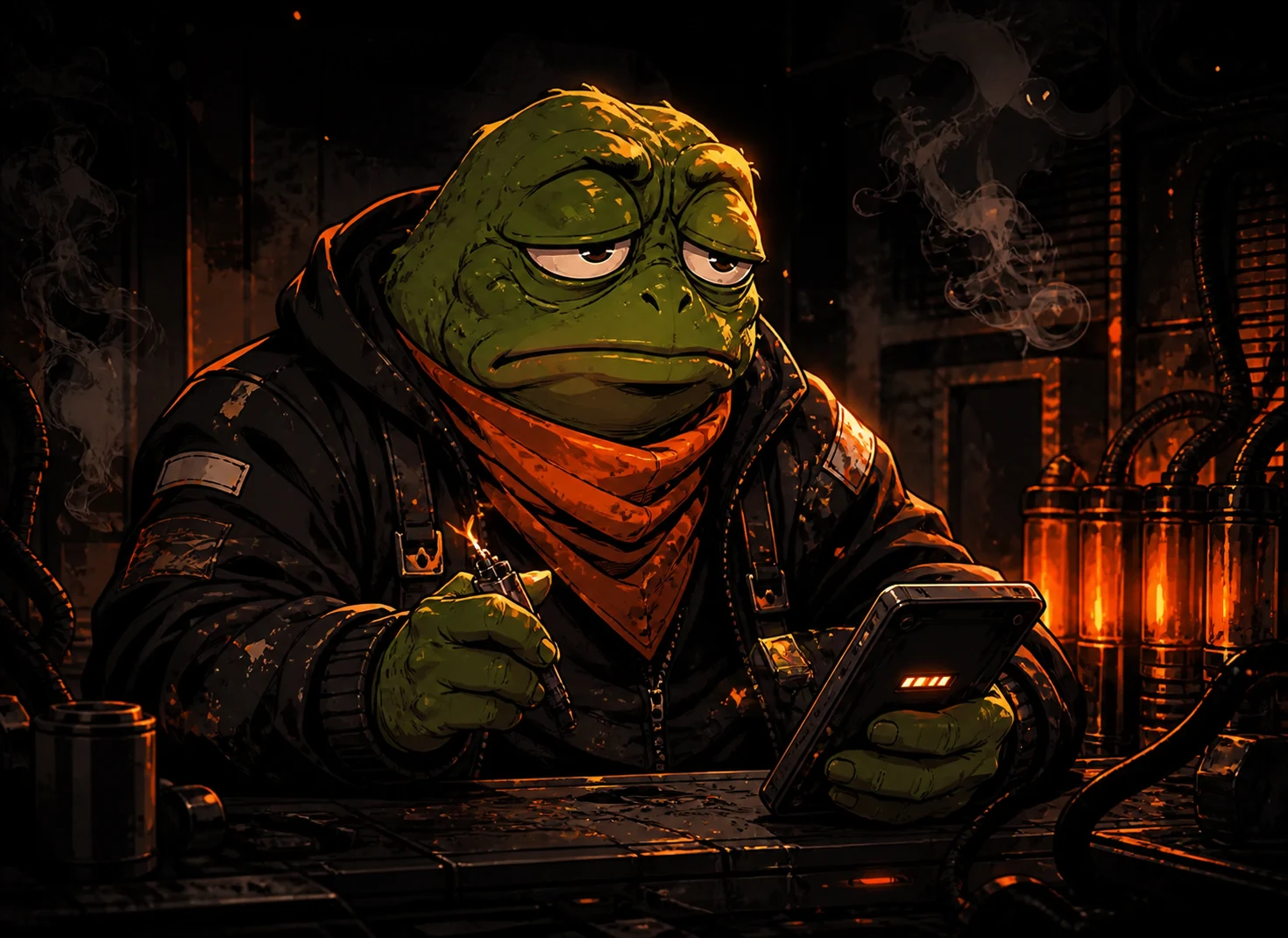 Gloom, the weary green frog checking a nearly empty device after hours