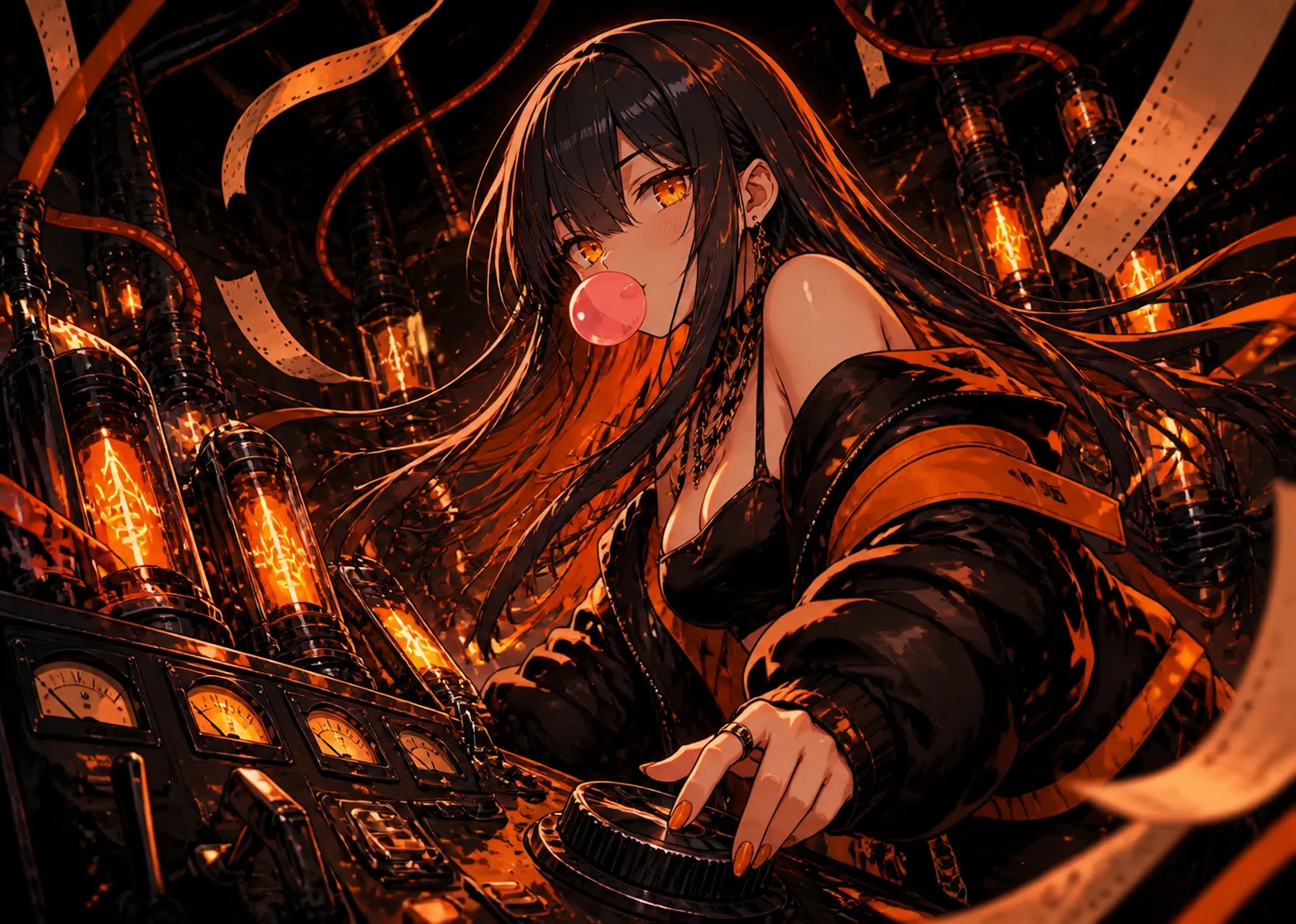 Nyx, the black-haired chart witch operating an orange analog signal room