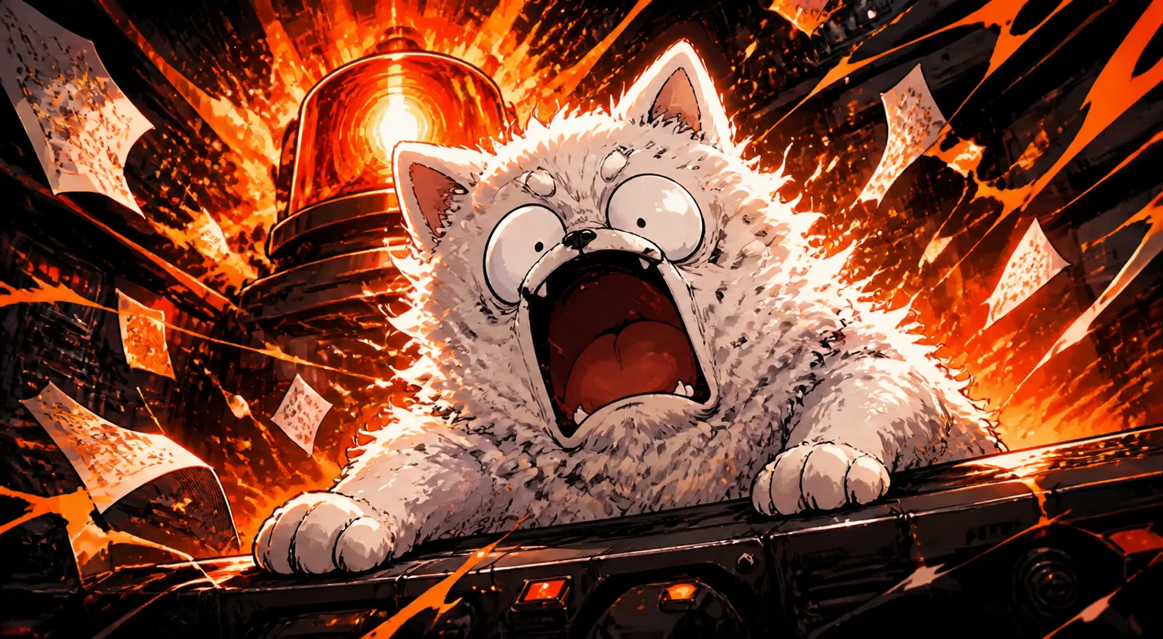Panic, the frantic fluffy white dog screaming beneath an overloaded alarm