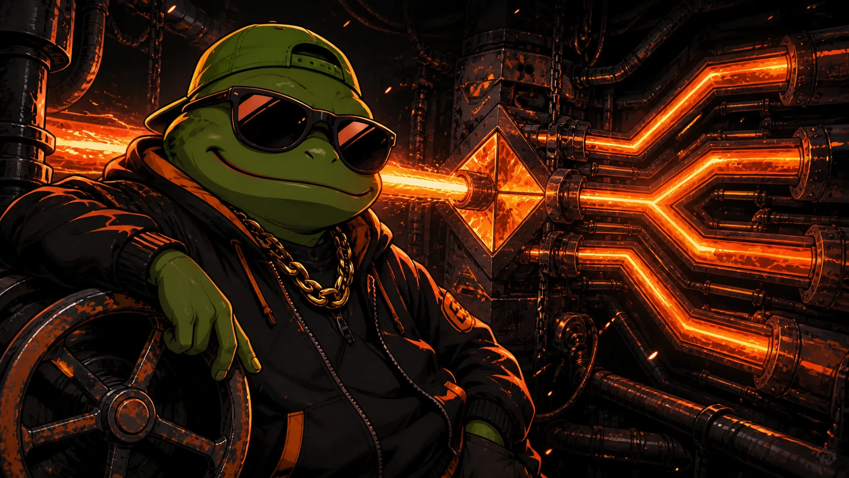 Slick, the sunglasses-wearing frog beside a glowing creator-reward router